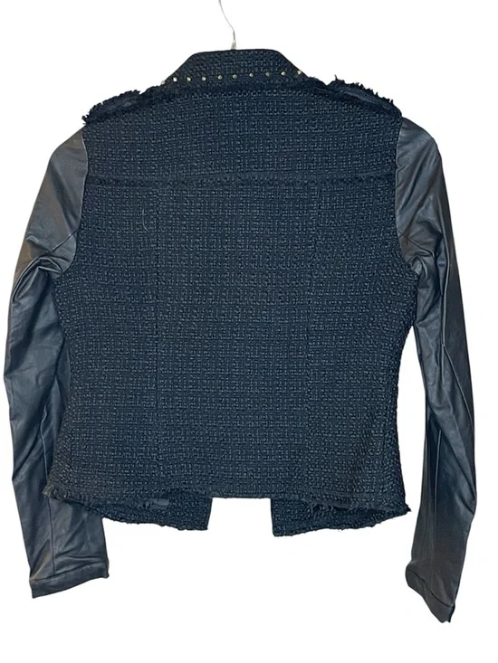 David Kahn Black Tweed Jacket Faux Leather Sleeves & Gold Stud Hardware Sz S - Picture 2 of 7